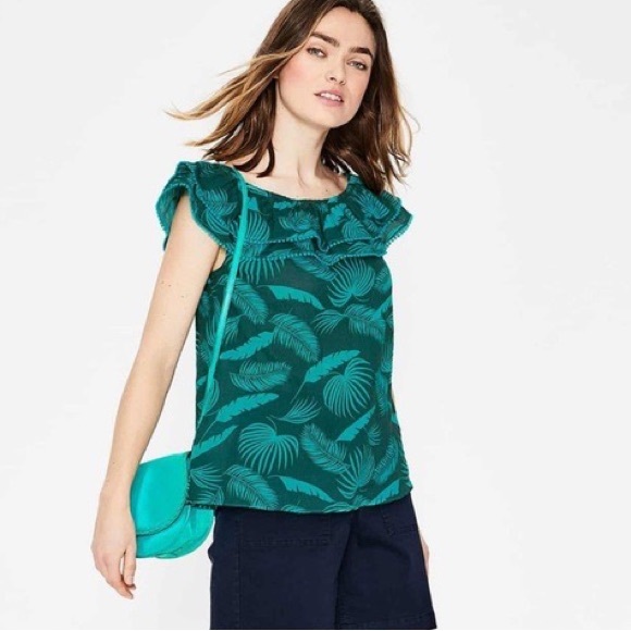 Boden Hettie Double Ruffle Pompom Top in Woodland Green Jungle Palm - 10 - Picture 15 of 15